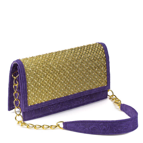 'Lena' Purple Hand-Embroidered Floral-Embossed Leather Shoulder Bag
