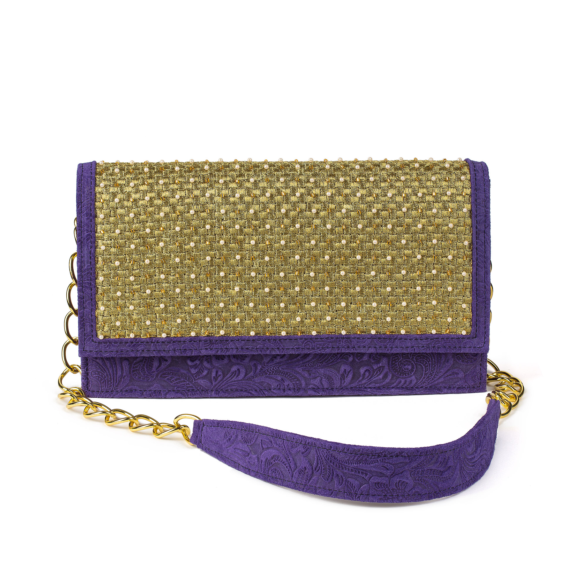 'Lena' Purple Hand-Embroidered Floral-Embossed Leather Shoulder Bag - Image 2