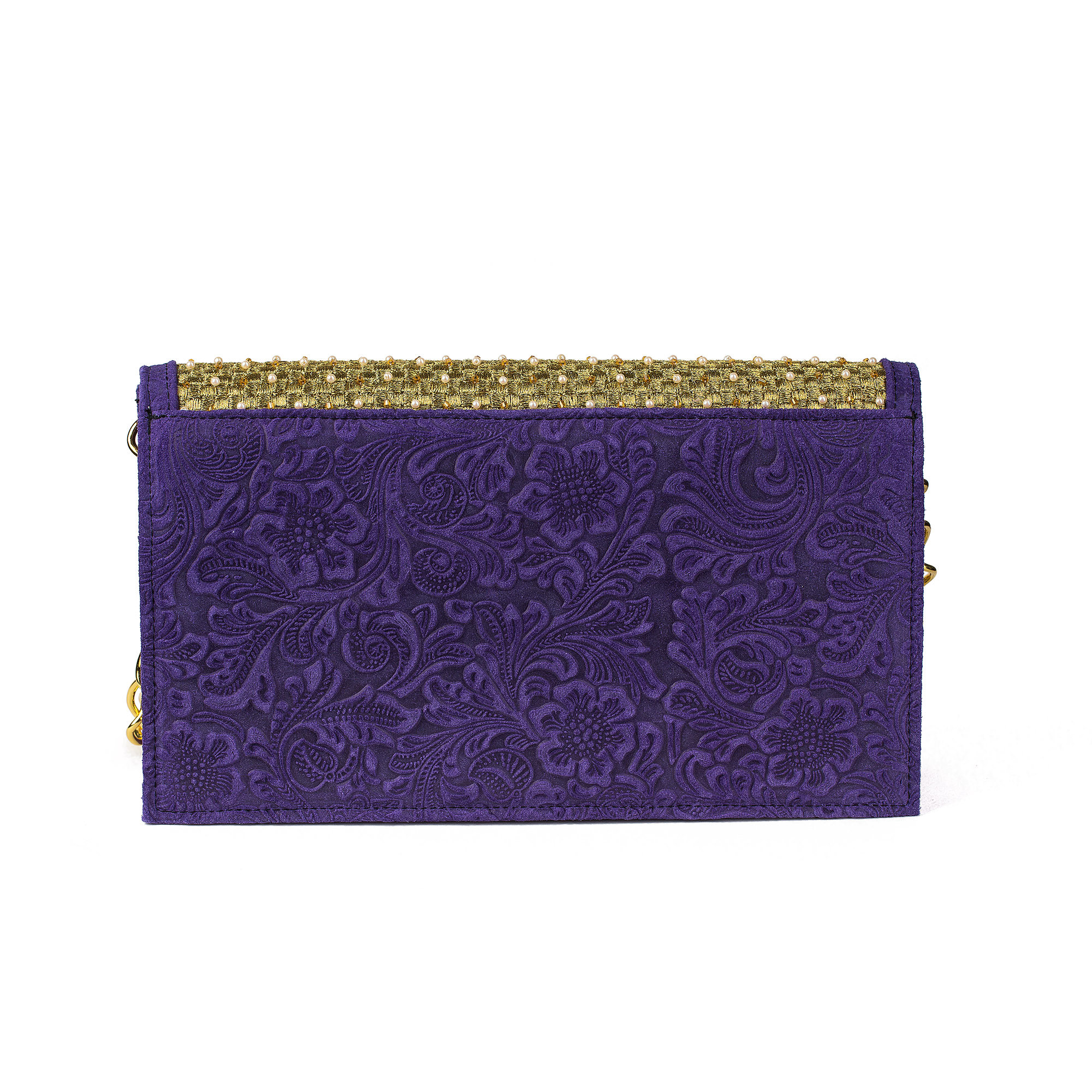 'Lena' Purple Hand-Embroidered Floral-Embossed Leather Shoulder Bag - Image 3