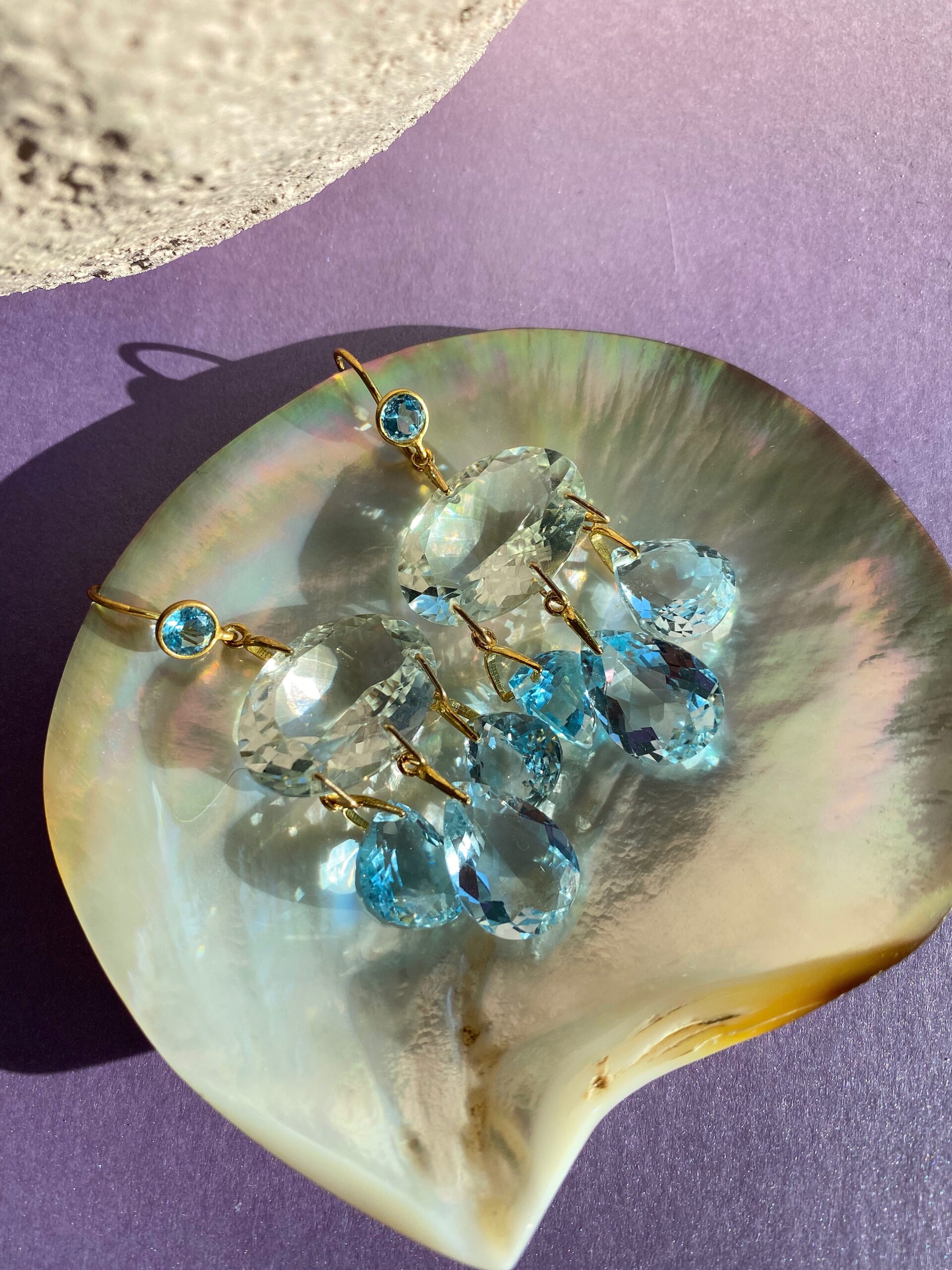 Prasiolite and Swiss blue topaz chandelier earrings