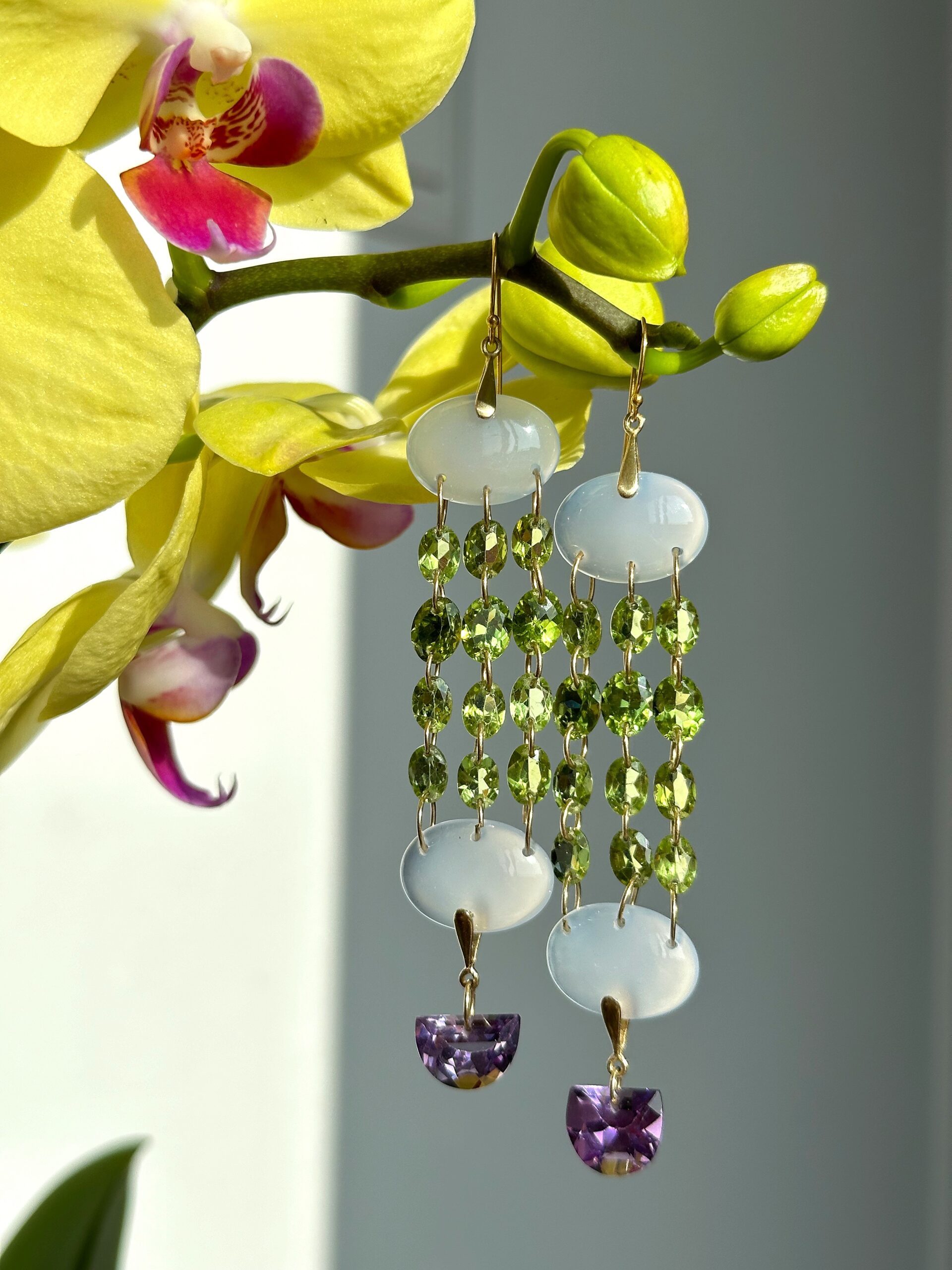 Twin Celestial Cascades with Blue Chalcedony, Peridot and Pink Amethyst Chandelier Earrings - Image 3