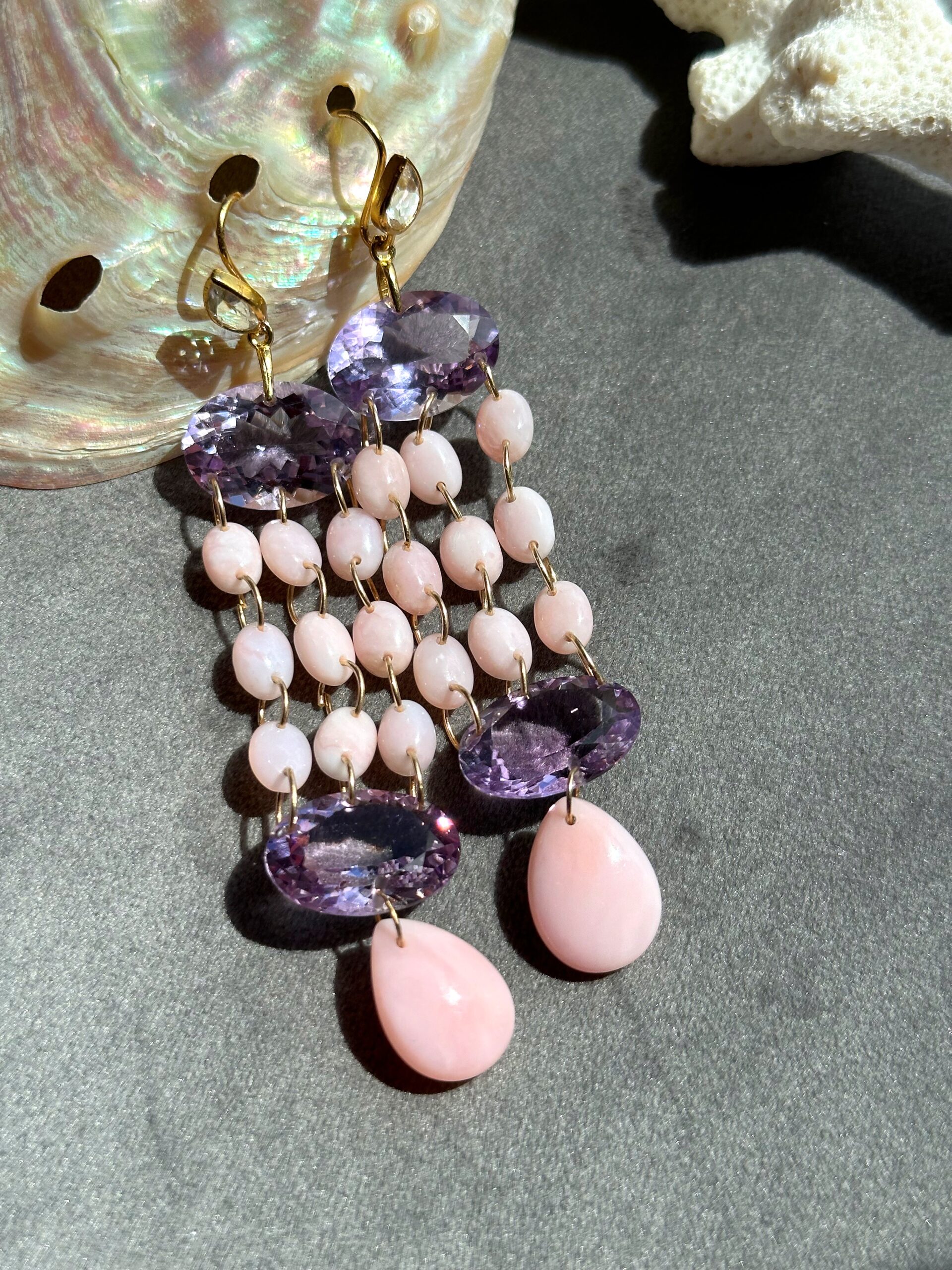 Twin Celestial Cascades with Pink Amethyst and Pink Opal Chandelier Earrings
