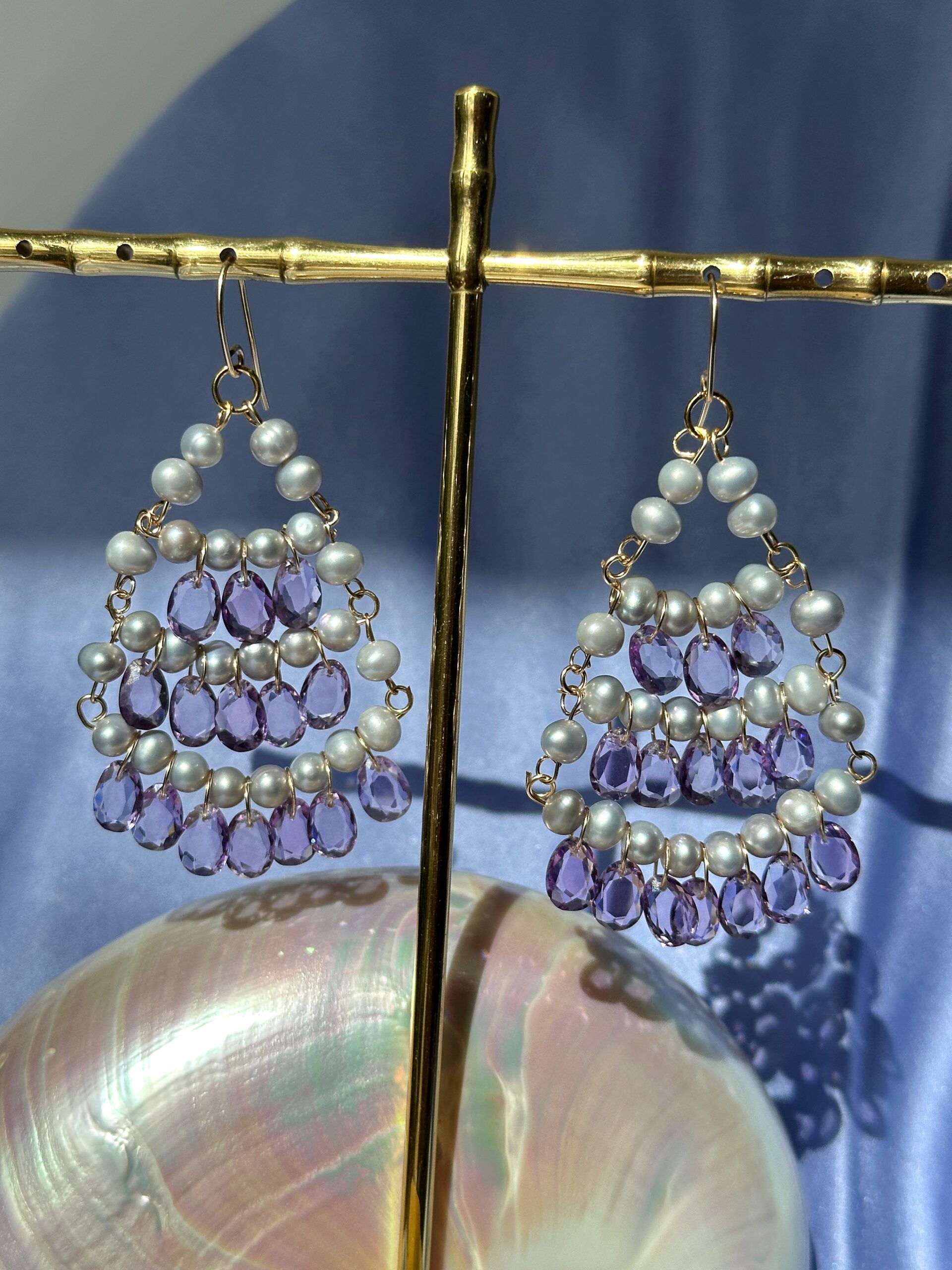 Gray Pearls and Pink Amethyst 'Dentelle' Chandelier Earrings