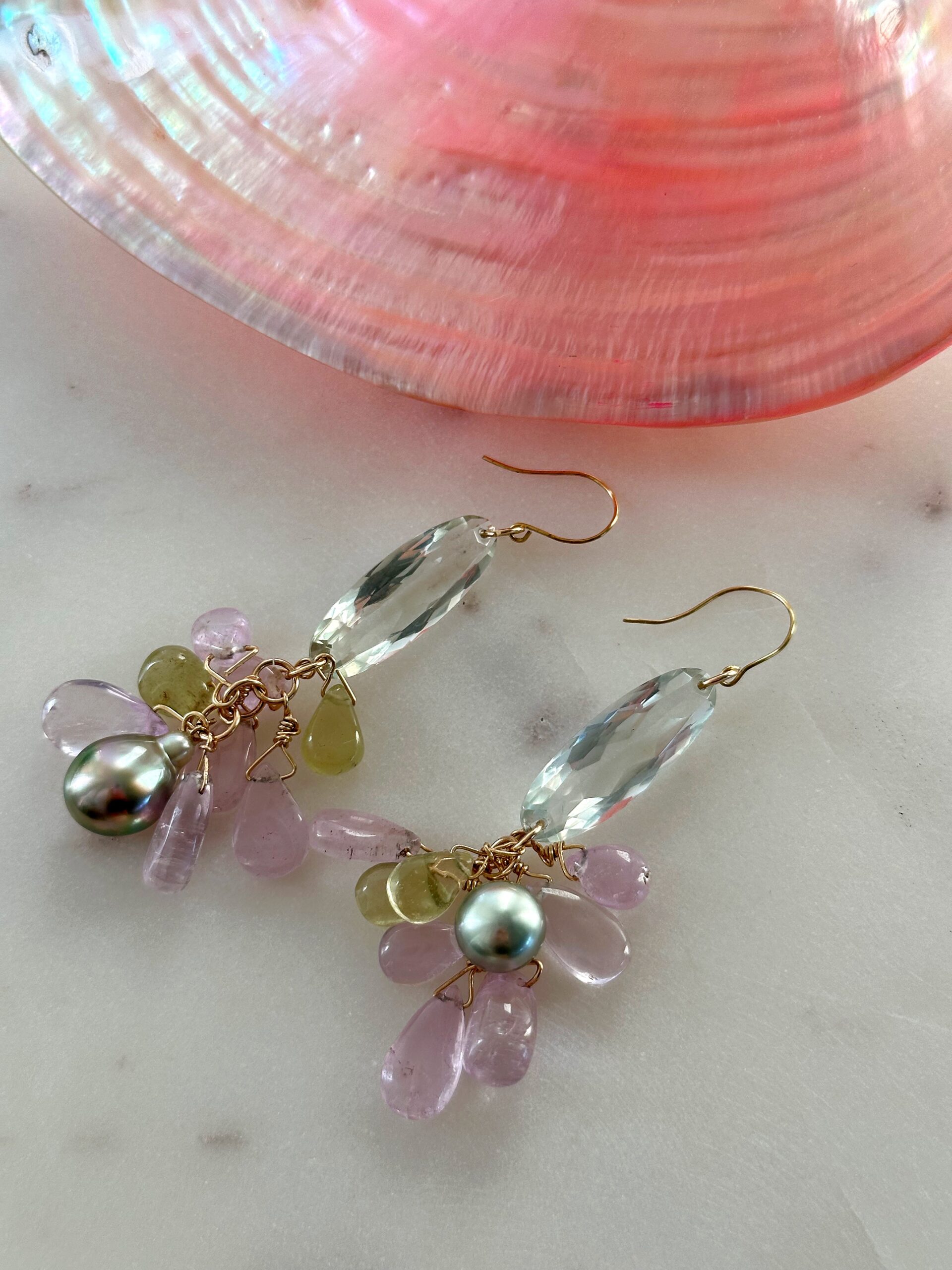Prasiolite, Kunzite and Tahitian Pearl 'Azalea' Drop Cluster Earrings
