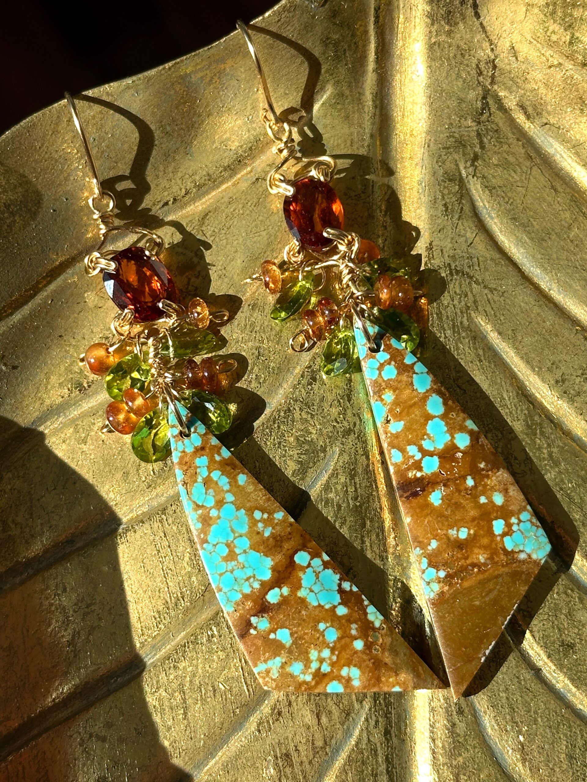 Rare Nevada Number 8 Turquoise, Hessonite Garnet and Peridot Drop Earrings