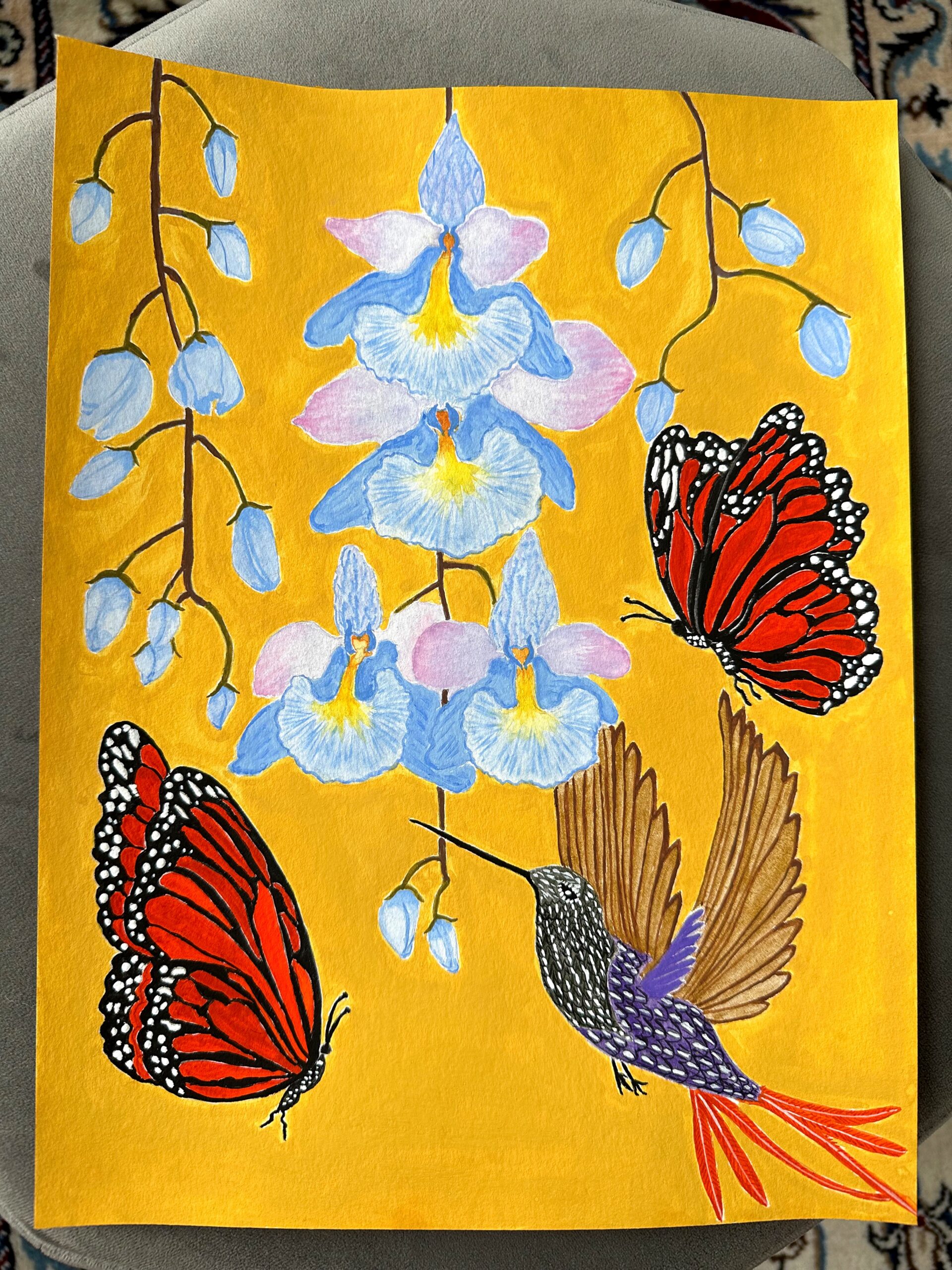 Humingbird, Monarch Butterflies and Pastel Blue Orchids