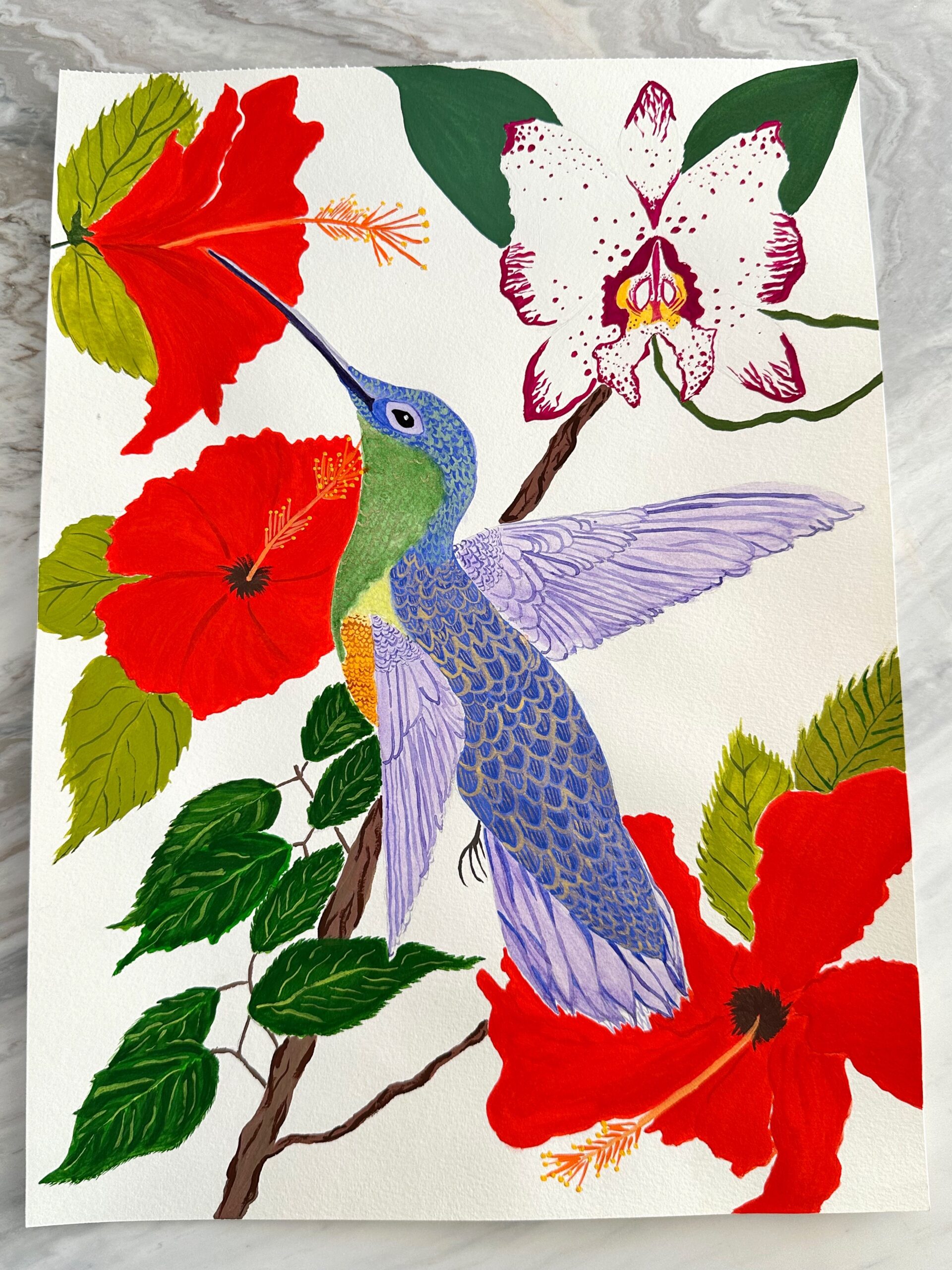Hummingbird with Hibiscuses and Orchid