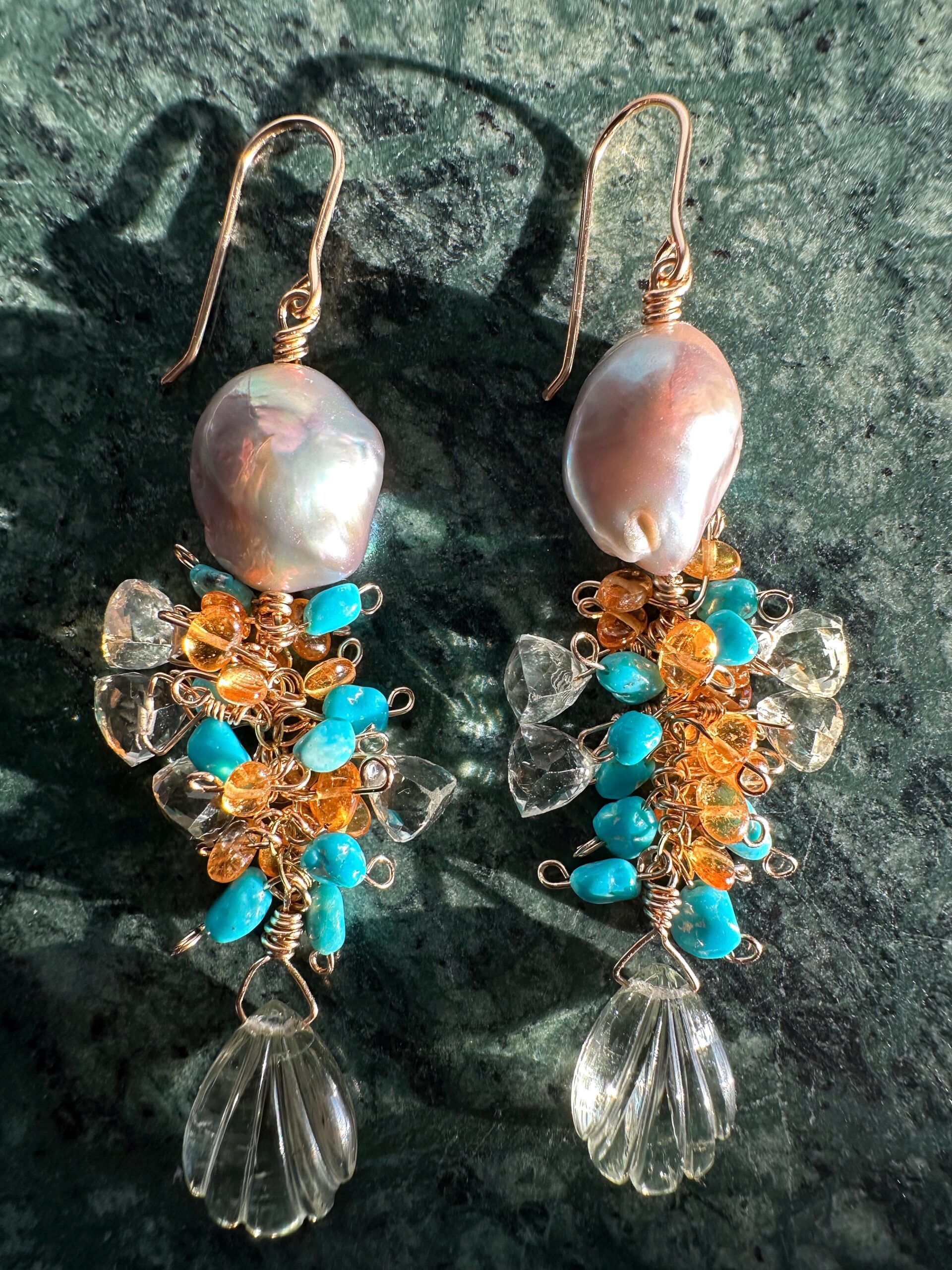 Keshi Pearl, Prasiolite, Mandarin Garnet and Turquoise Cluster Dangle Earrings