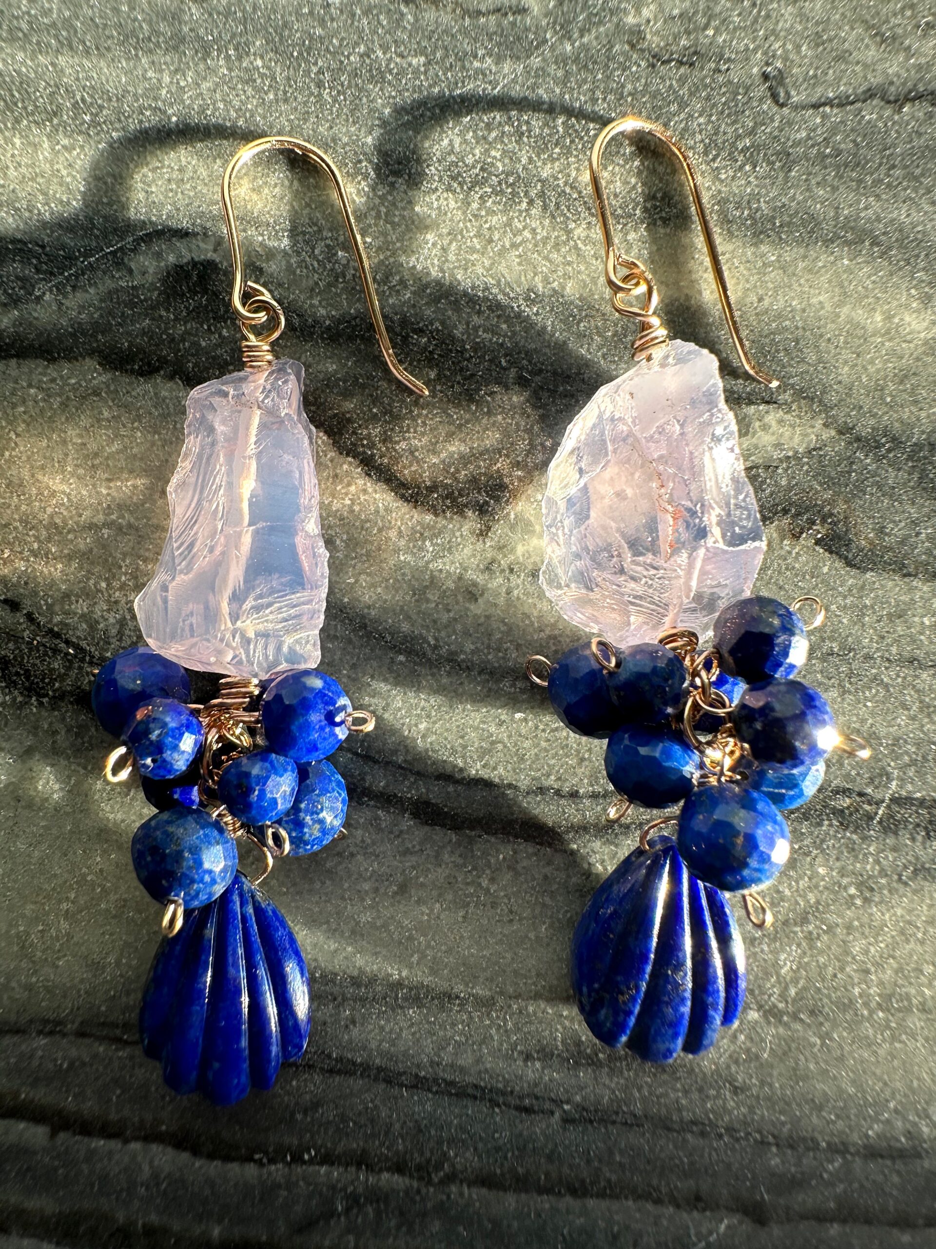 Lavender Quartz and Lapis Lazuli Dangle Cluster Earrings