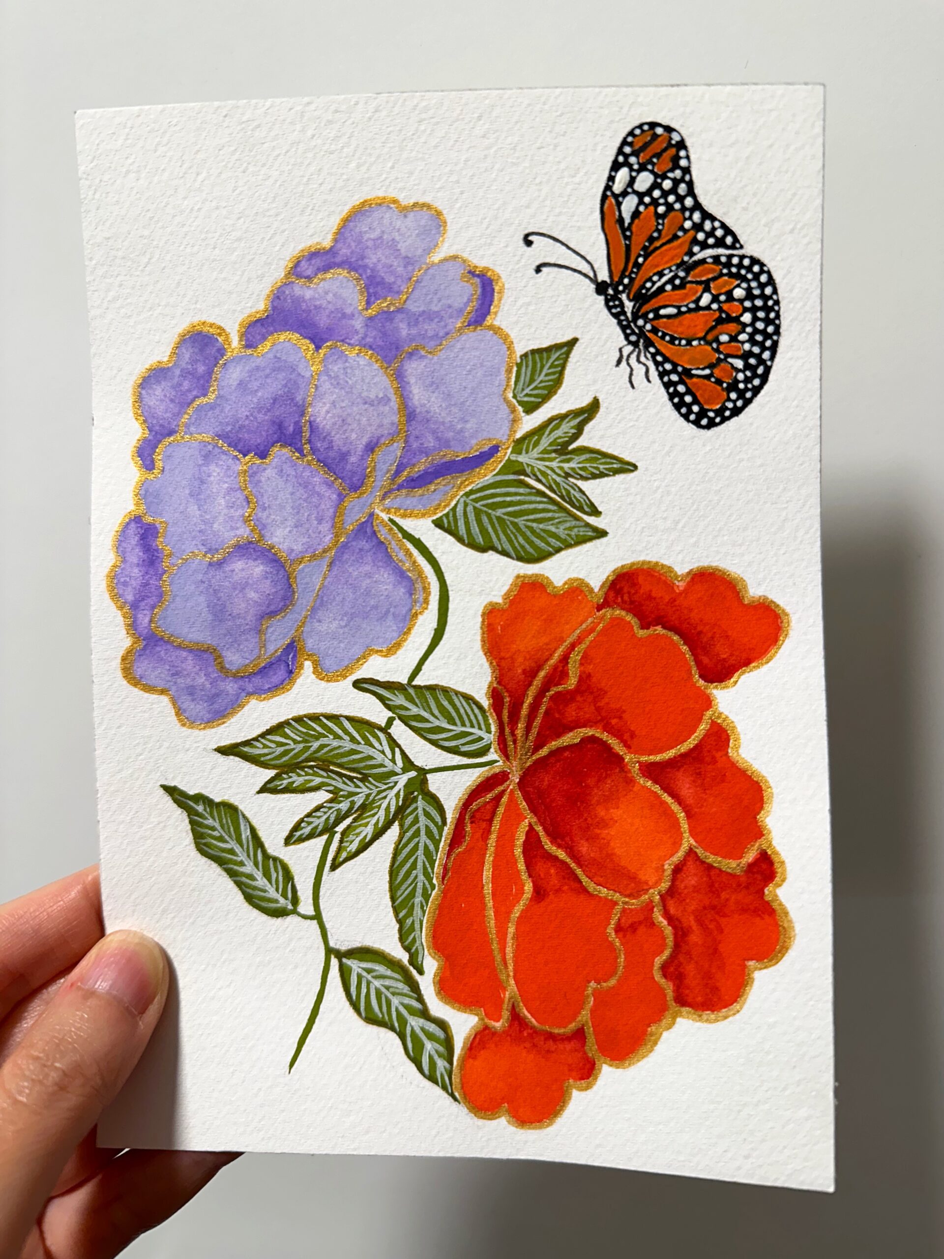 Periwinkle Purple and Red Peonies with a Monarch Butterfly