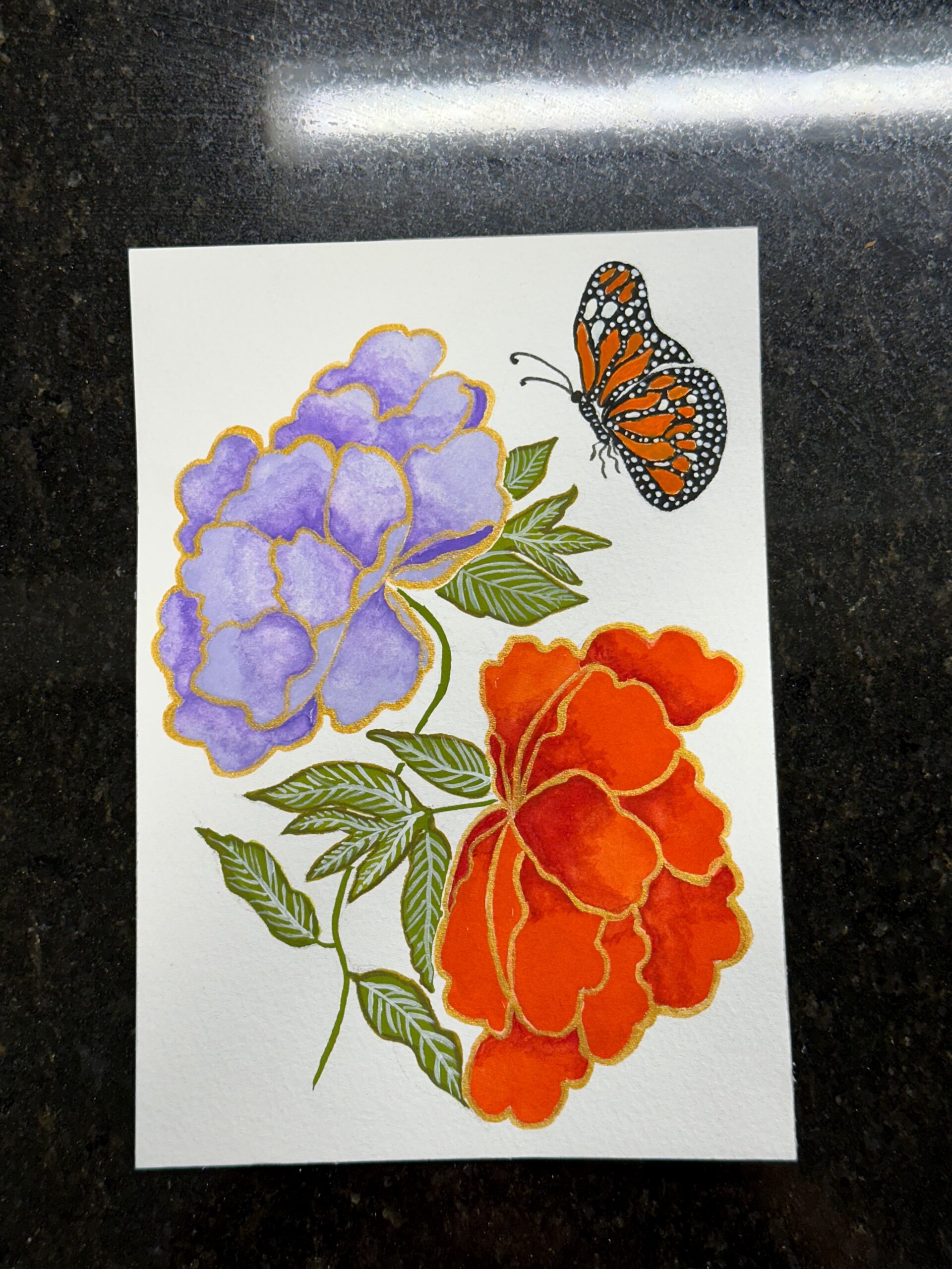 Periwinkle Purple and Red Peonies with a Monarch Butterfly - Image 2