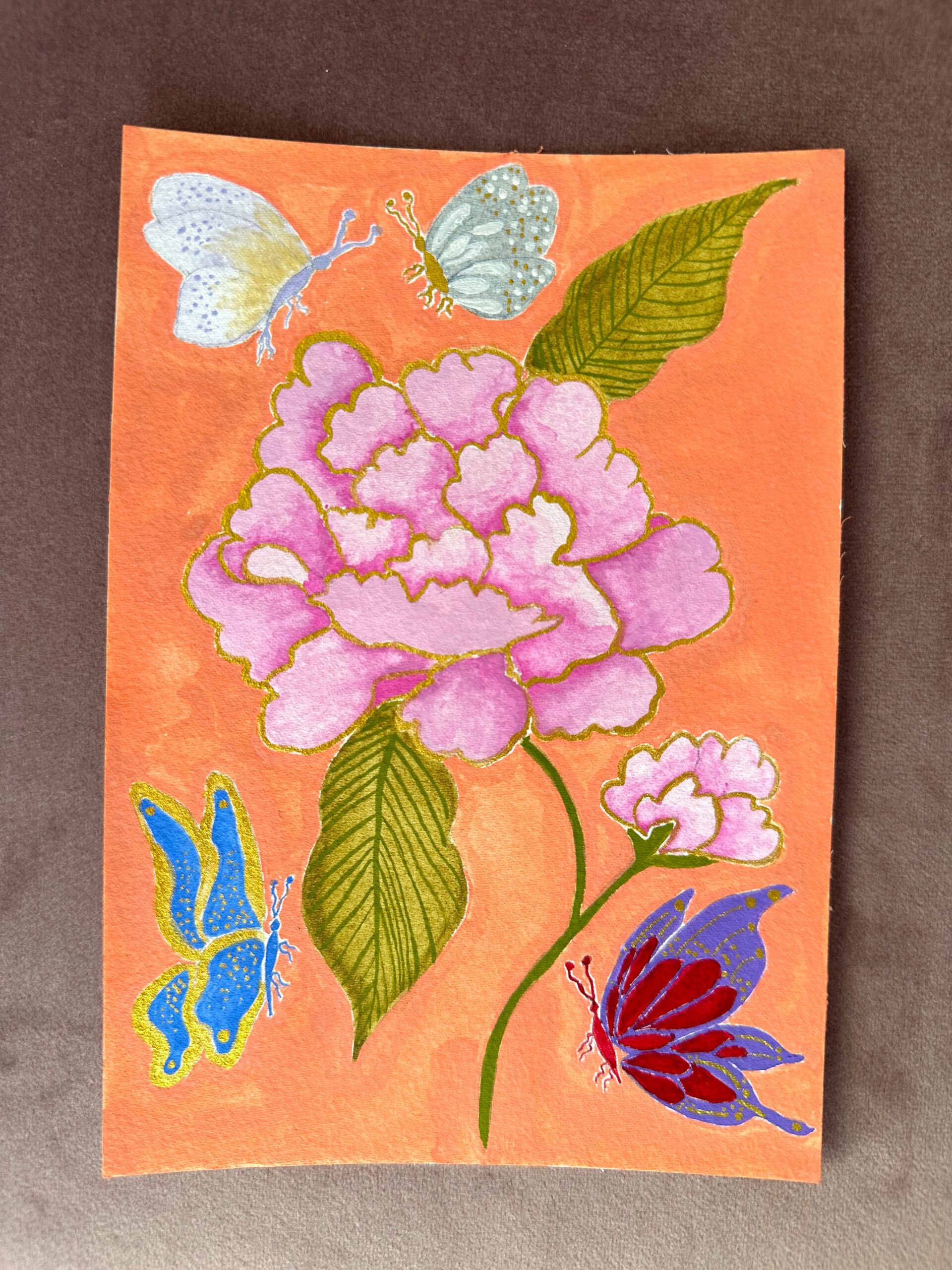 Pink Peony and Butterflies in Peach Pink Background