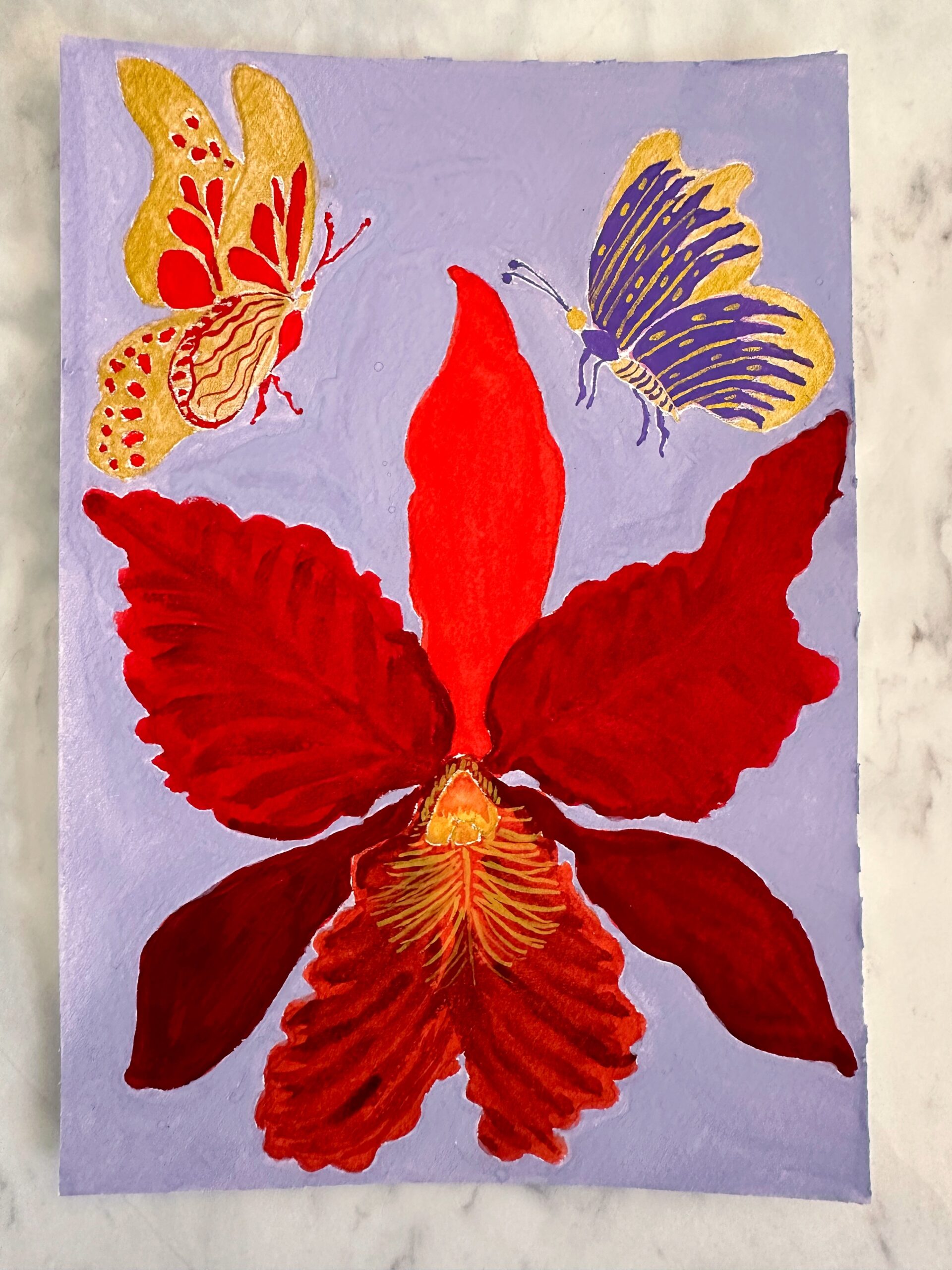 Red Orchid and Golden Butterflies in Periwinkle Background