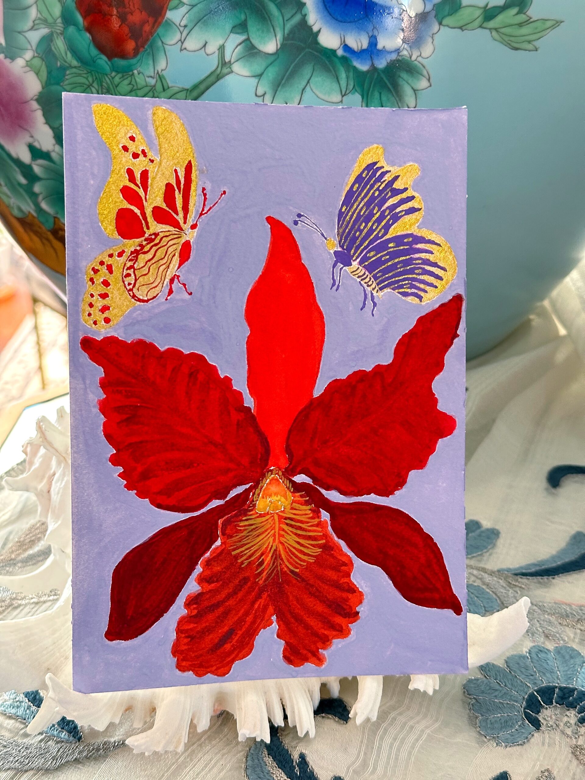 Red Orchid and Golden Butterflies in Periwinkle Background - Image 2