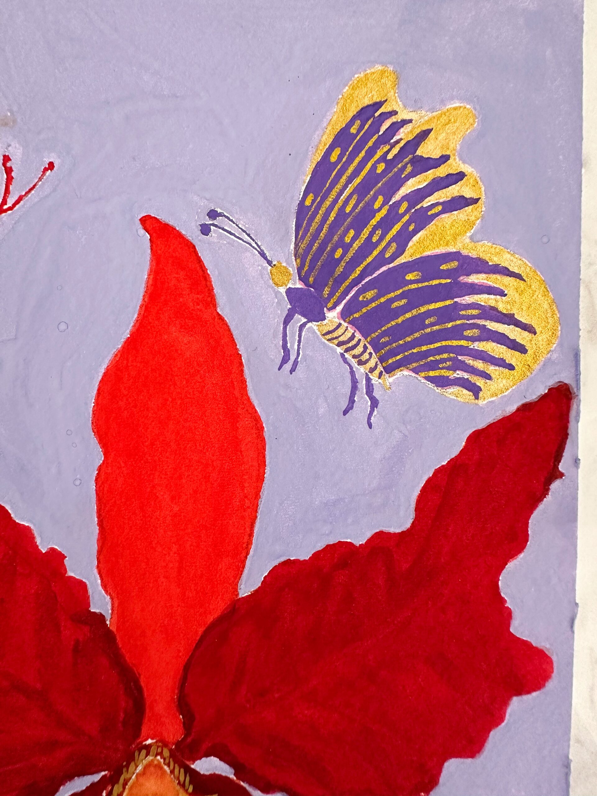 Red Orchid and Golden Butterflies in Periwinkle Background - Image 3