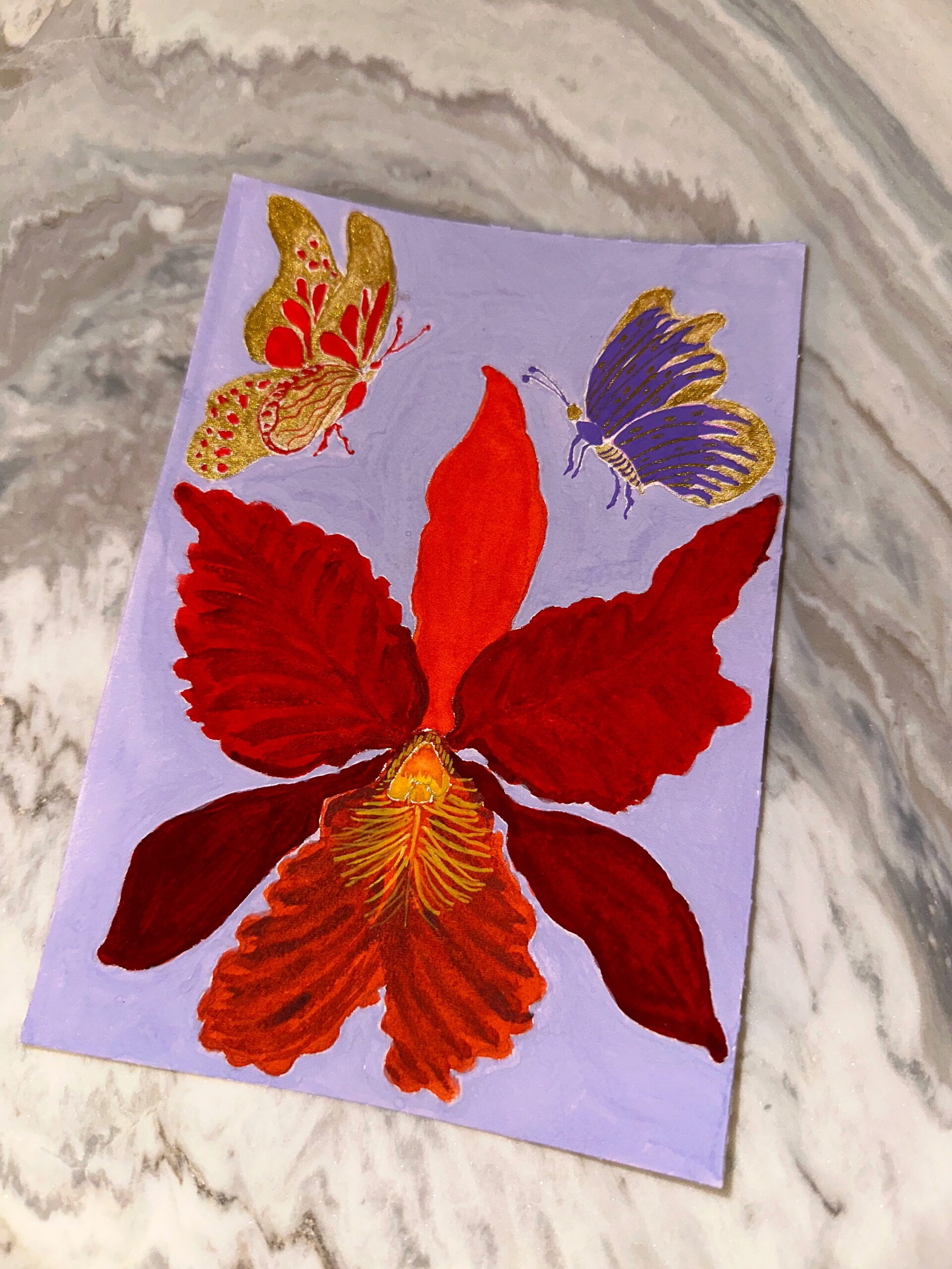 Red Orchid and Golden Butterflies in Periwinkle Background - Image 5