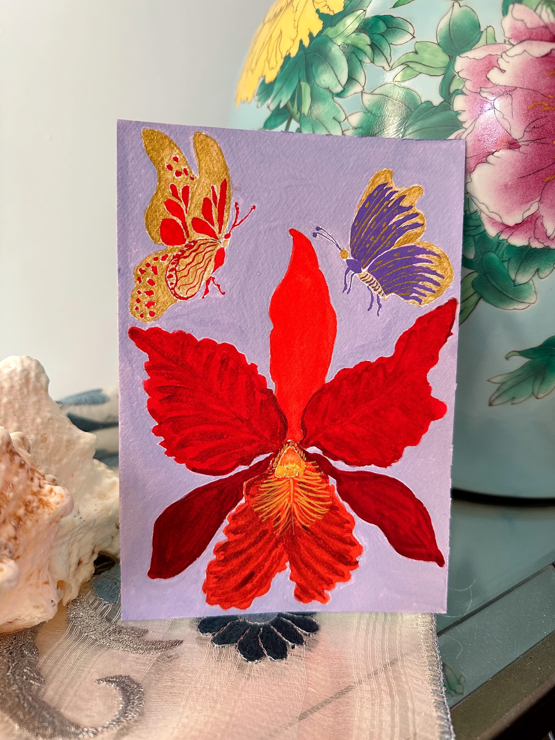 Red Orchid and Golden Butterflies in Periwinkle Background - Image 6