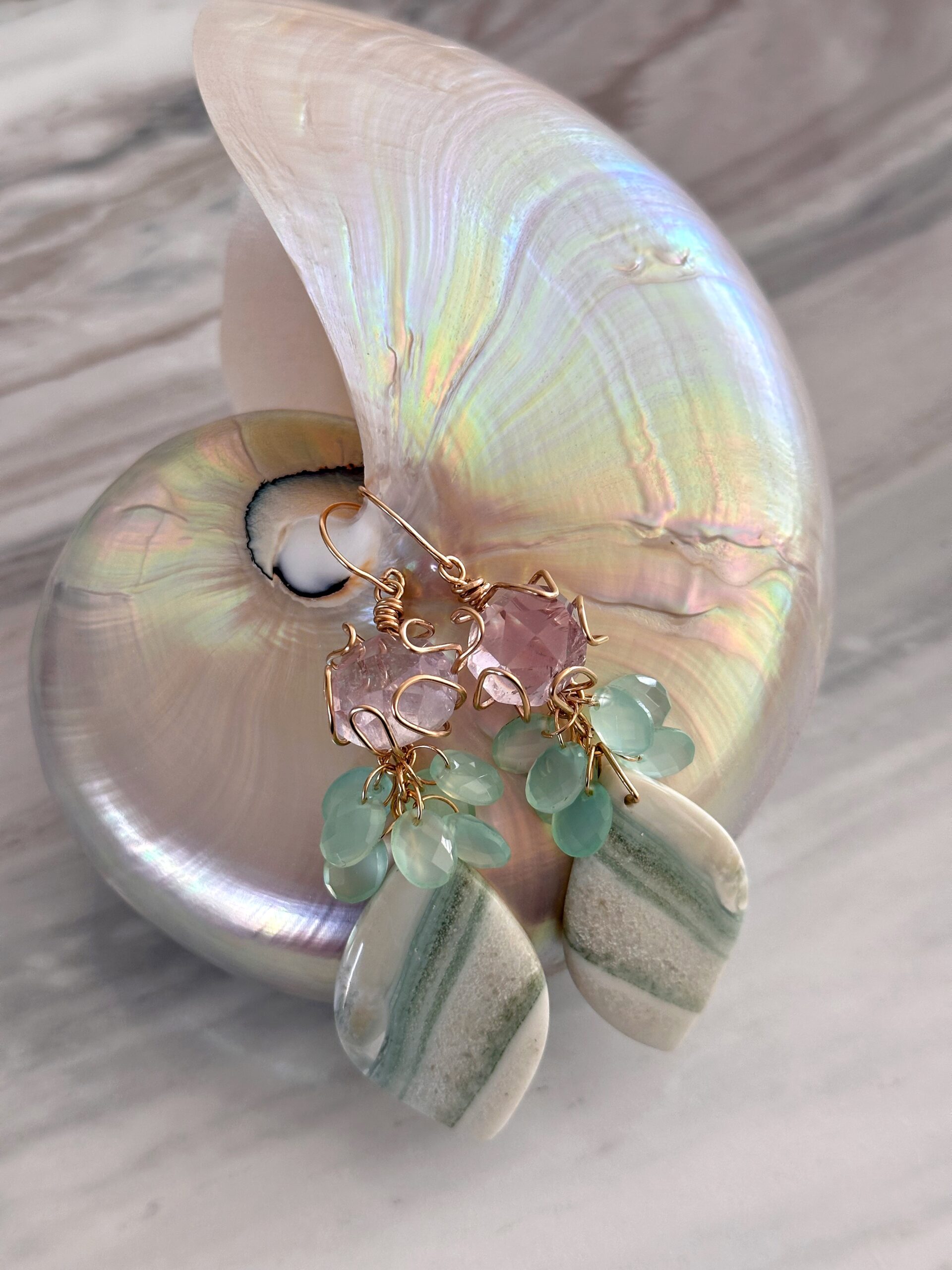 Kunzite, Saturn Chalcedony and Mint Green Onyx Cluster Dangle Earrings
