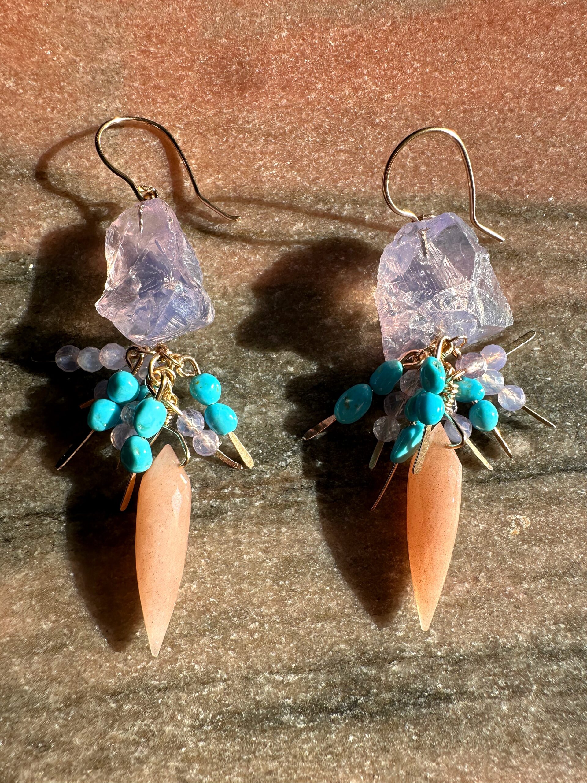 Lavender Quartz, Peach Moonstone and Turquoise Cluster Dangle Earrings