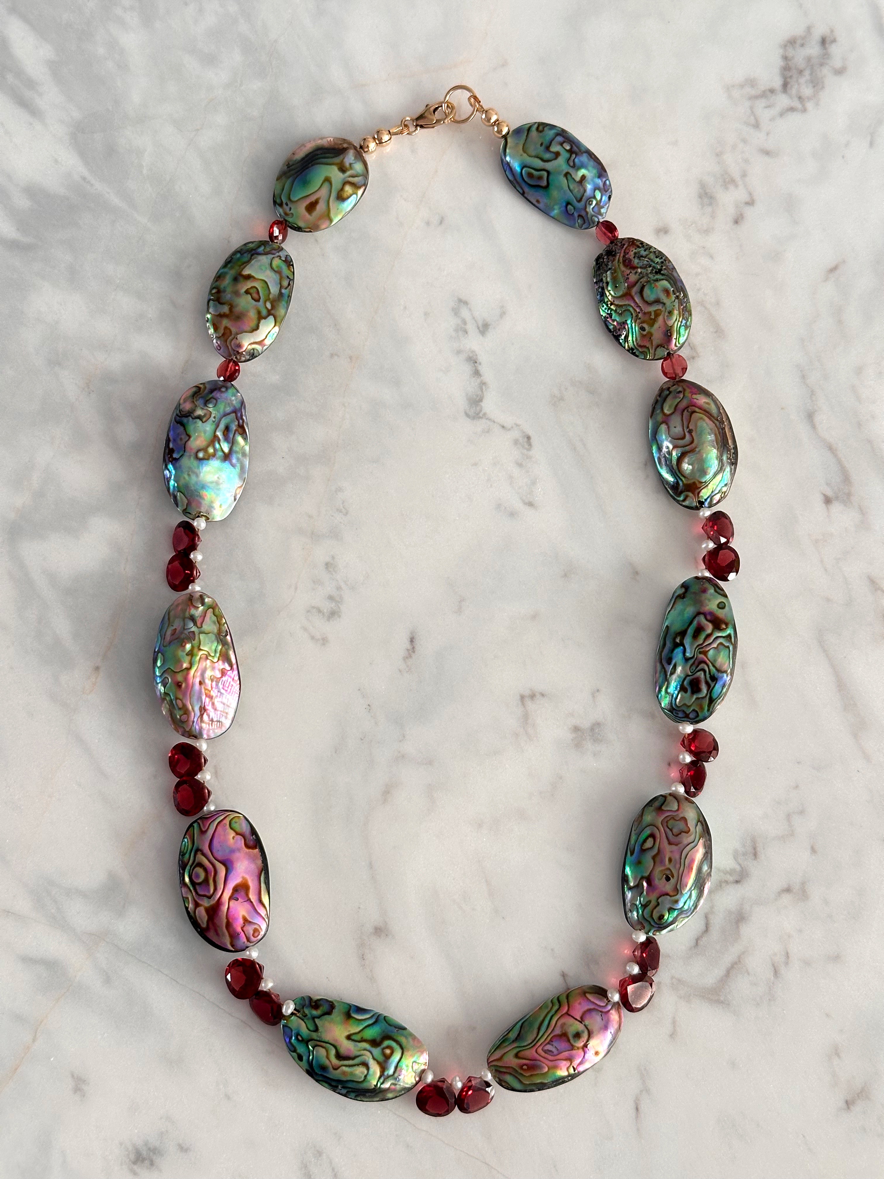 Abalone and Cherry Red Garnet Beaded Necklace