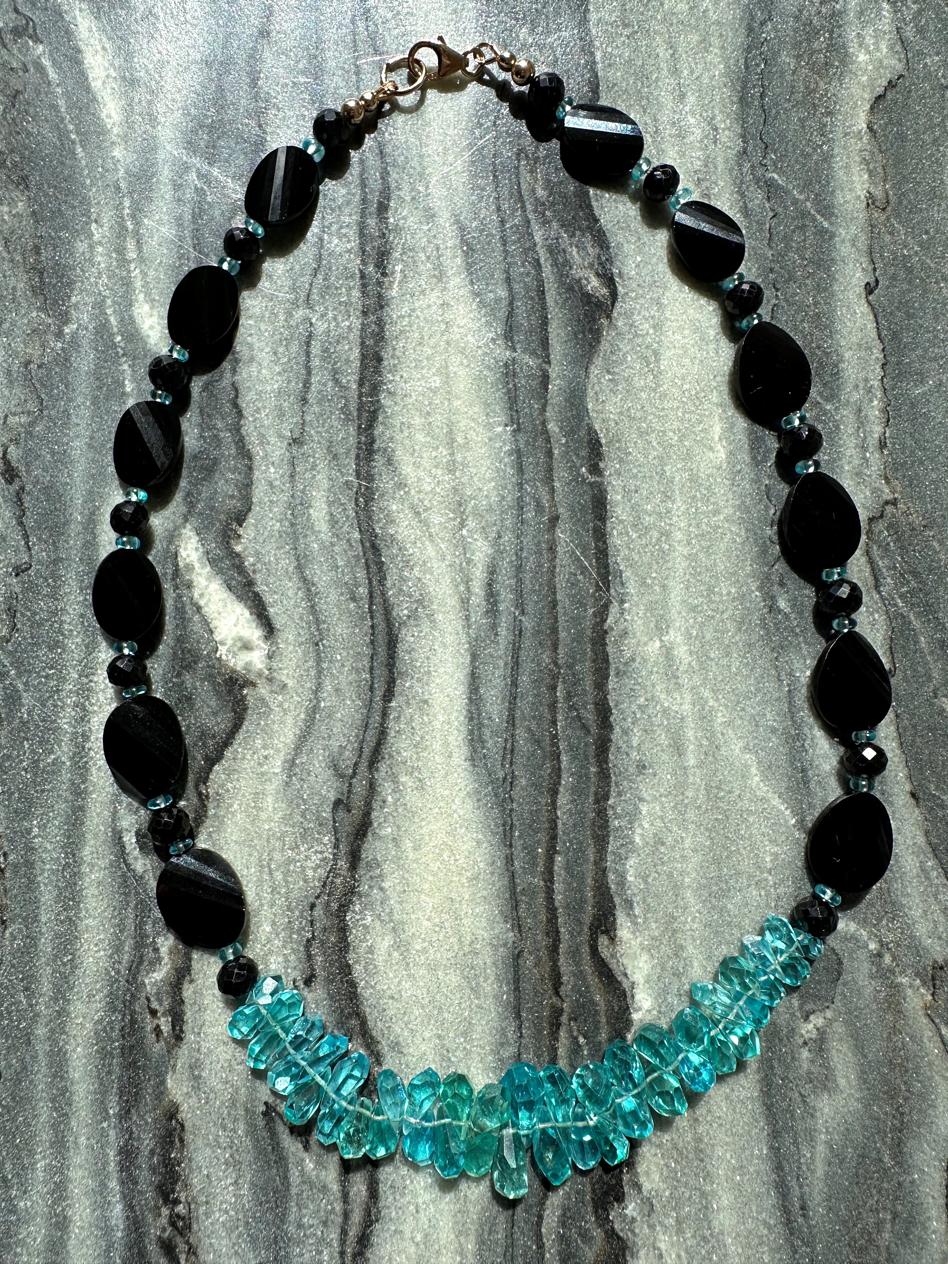 Black Spinel and Neon Sea Blue Apatite Beaded Necklace