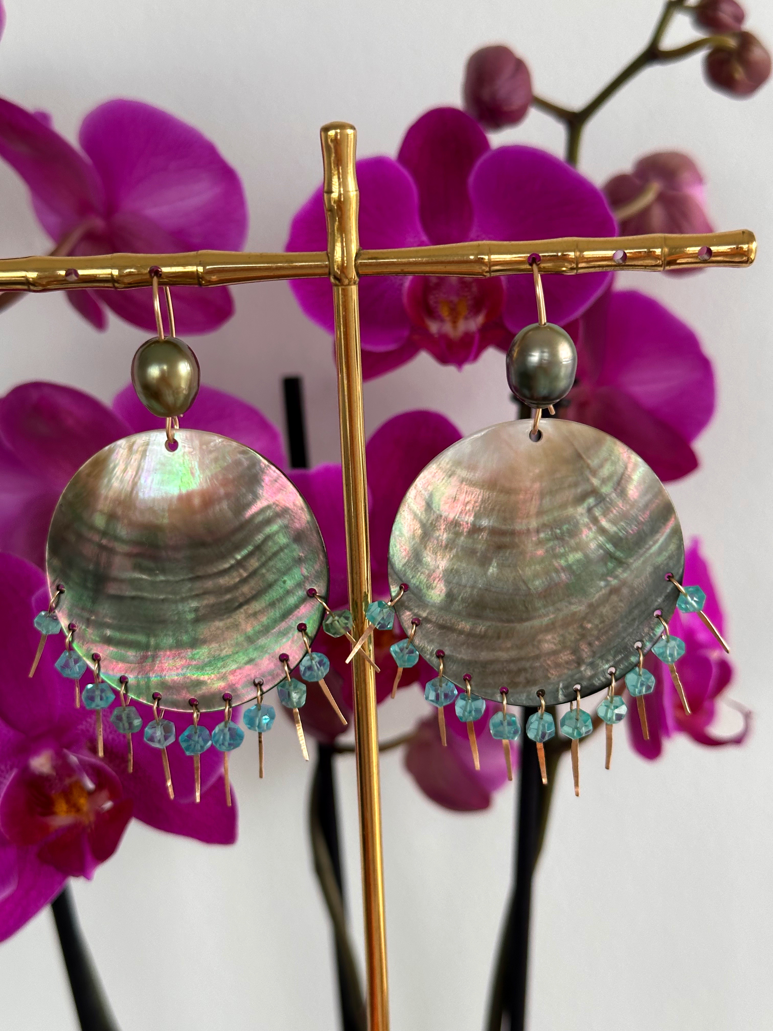 Iridescent Sea Shell Discs with Sea Blue Apatite and Green Tahitian Pearl Chandelier Earrings - Image 4