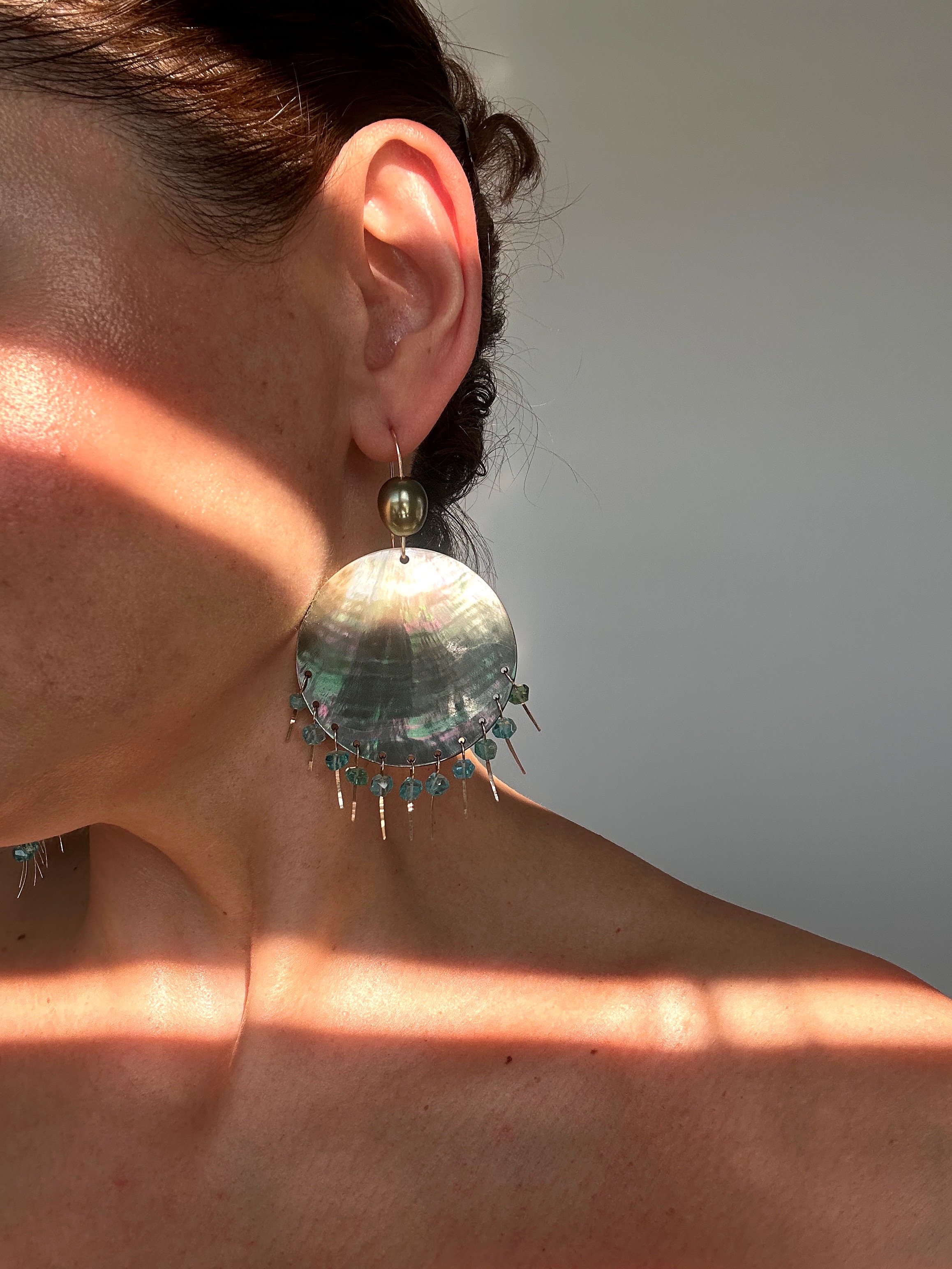 Iridescent Sea Shell Discs with Sea Blue Apatite and Green Tahitian Pearl Chandelier Earrings - Image 3