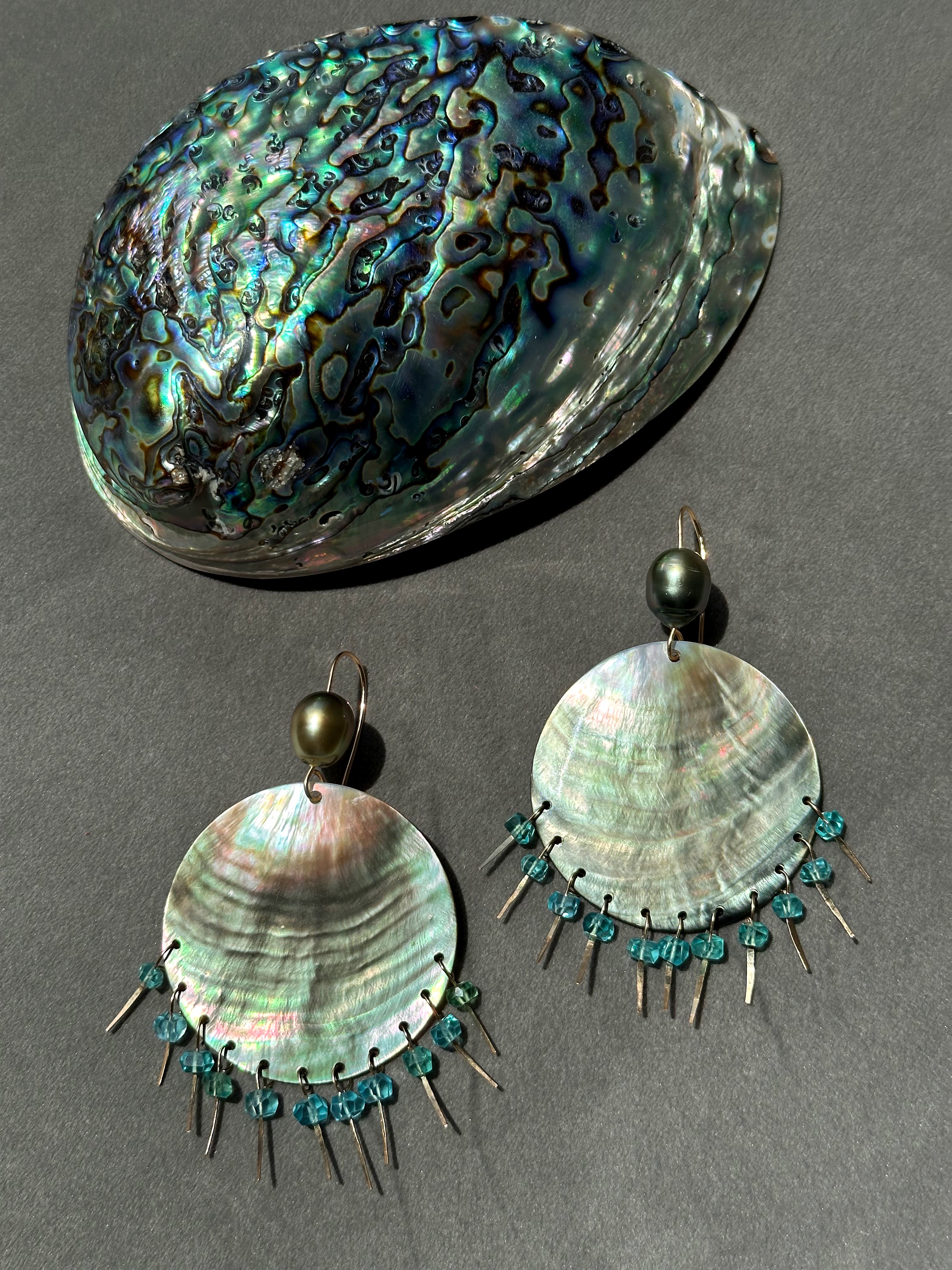 Iridescent Sea Shell Discs with Sea Blue Apatite and Green Tahitian Pearl Chandelier Earrings