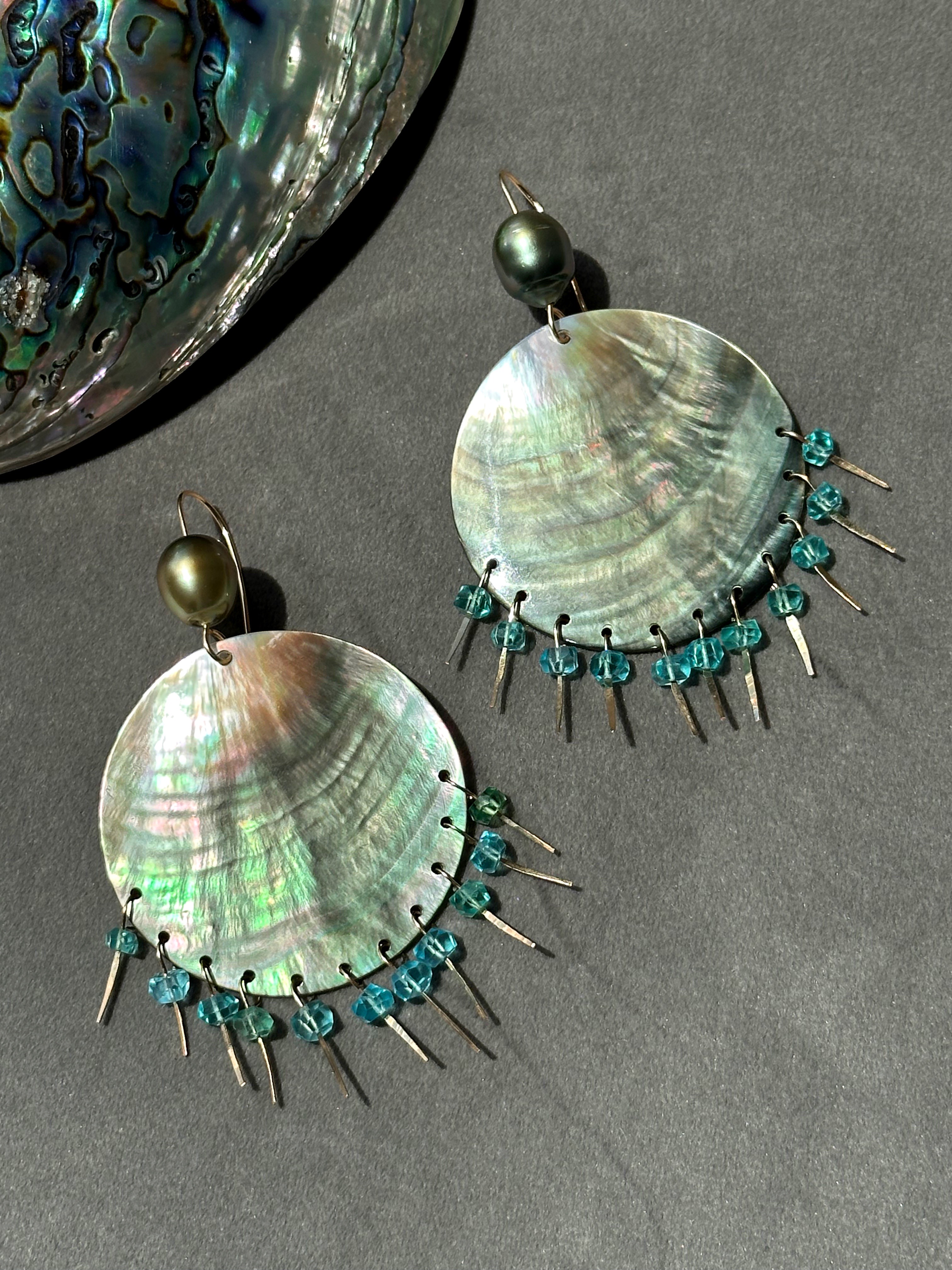 Iridescent Sea Shell Discs with Sea Blue Apatite and Green Tahitian Pearl Chandelier Earrings - Image 2